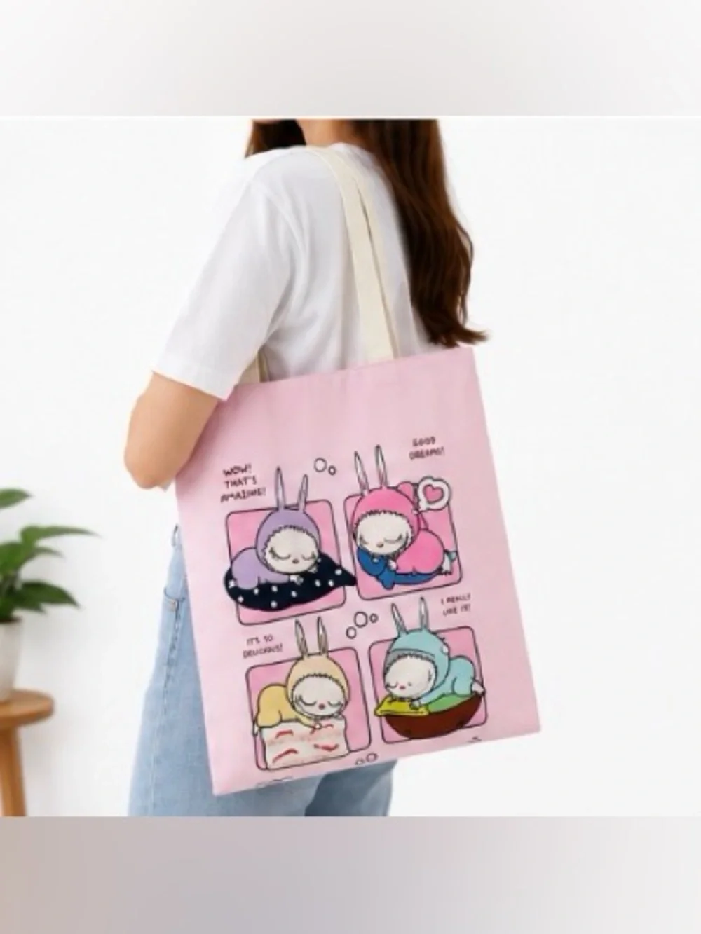Cute Sleeping Bunny Cartoon Tote Bag 13” x 14” Reusable Canvas Shoulder Bag
